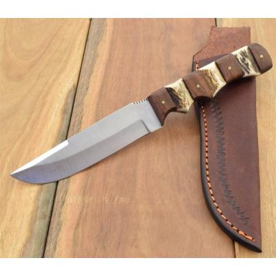 Couteau de Chasse Steel Stag Lame Acier Carbone/Inox Manche Bois & Cerf Etui Cuir SS7019 - Free SHipping