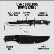 UC3616 Poignard United Cutlery USMC Bulldog Bowie Lame Acier 3Cr13 Recurve Etui Nylon - Livraison Gratuite