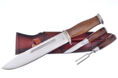 AH020 American Hunter Bowie Set : Couteau Bowie, Couteau à Dépecer et Fourchette Etui Cuir - Livraison Gratuite