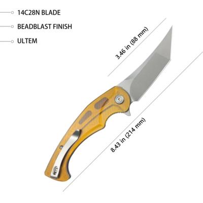 KUB175C Couteau Kubey Scimitar Yellow Ultem Lame Tanto Beadblast Acier 14C28N IKBS - Livraison Gratuite