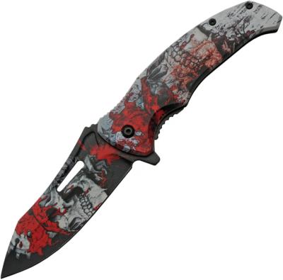 CN300577RD Lot de 2 Couteaux Skull Red Semi Automatique Lame Acier Inox - Livraison Gratuite 