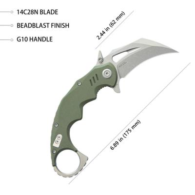 KUB262B Couteau Kubey Mini Wrath Karambit Green G10 Lame Acier 14C28N IKBS - Livraison Gratuite