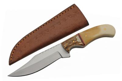 PA8028 Poignard Rite Edge Venison Hunter Manche OS/Bois de Cerf lame Acier Inox Etui Cuir - Livraison Gratuite